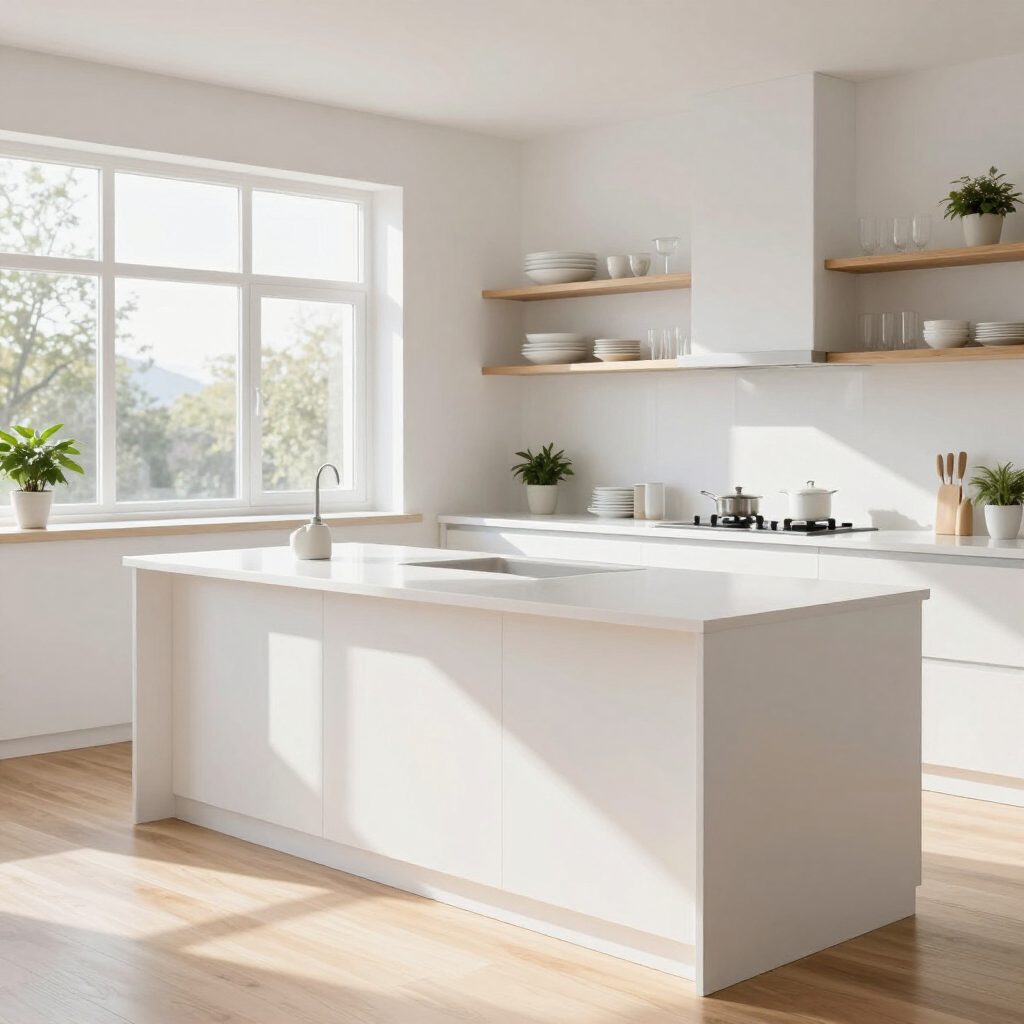 A bright, modern kitchen featuring a white island, light wood floors, and open shelving against a white wall.