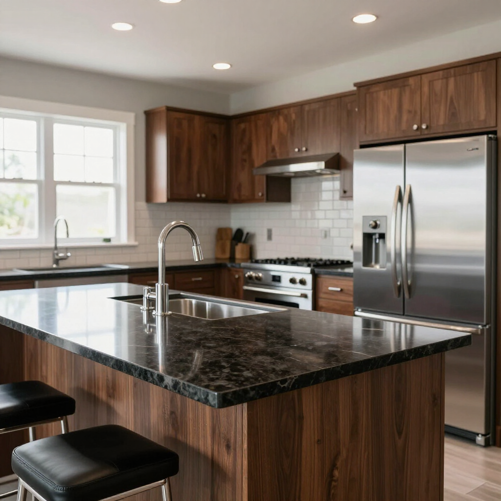 Modern kitchen with wood cabinets, a dark granite island countertop, a stainless steel refrigerator, and a window.