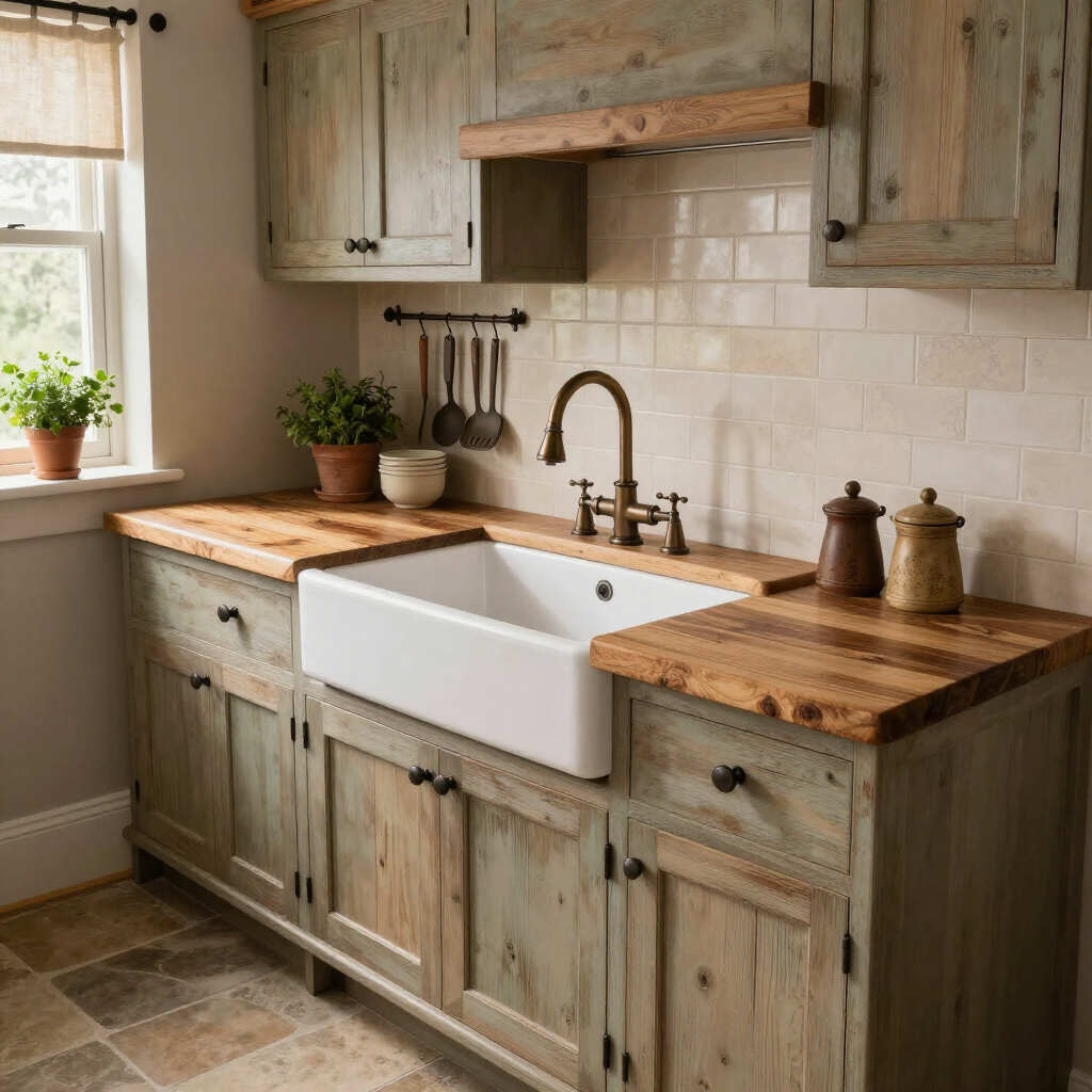A rustic farmhouse kitchen with weathered sage-green cabinets, wood countertops, a white farmhouse sink, and beige tile.