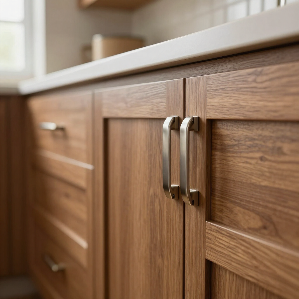 Close-up of wooden kitchen cabinets with a white countertop and silver metal handles.