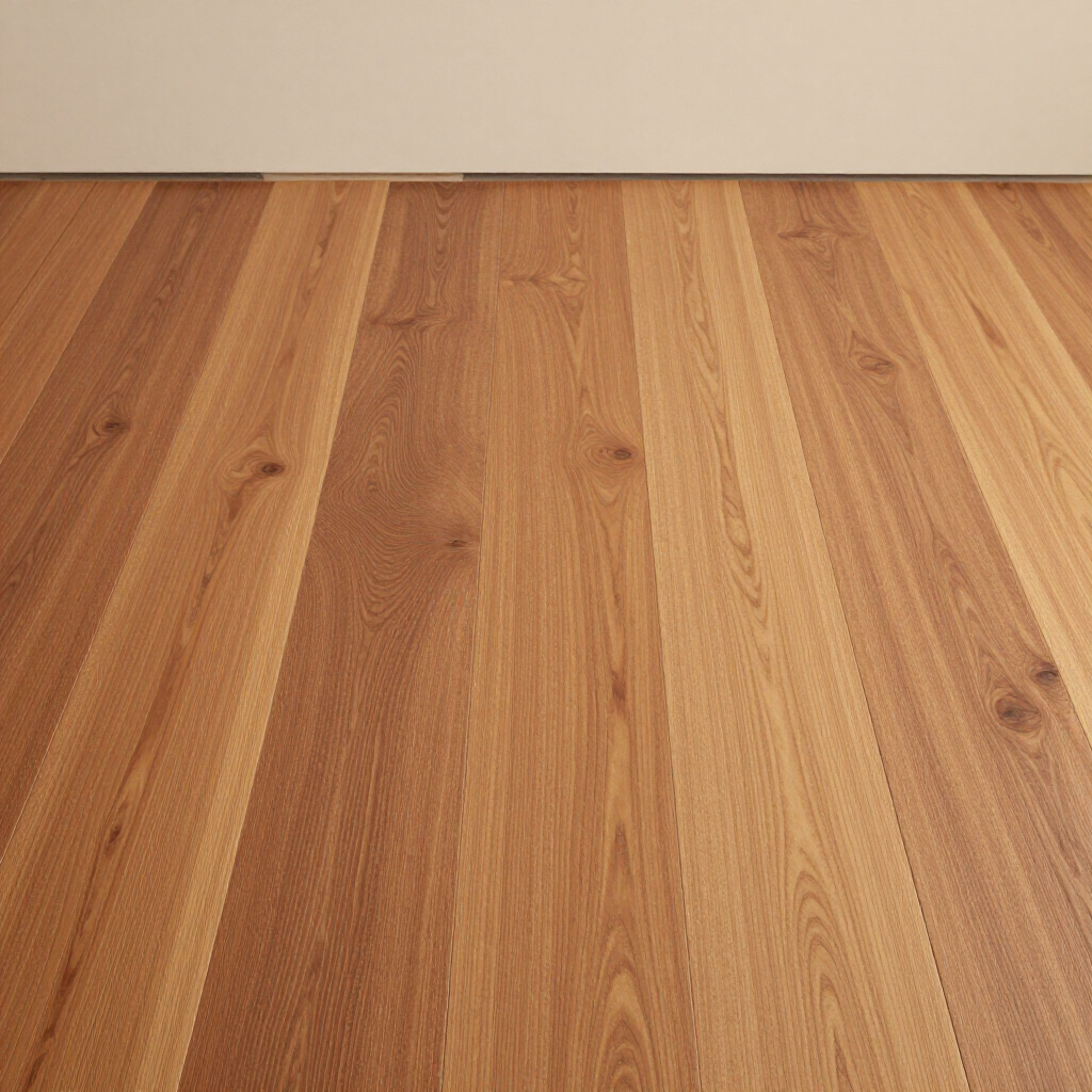 A close-up of light brown hardwood floorboards with prominent wood grain and knots leading up to a plain white wall.