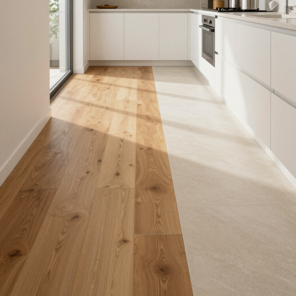Modern kitchen with white cabinets and a floor transitioned between natural wood planks and light beige stone tiles.