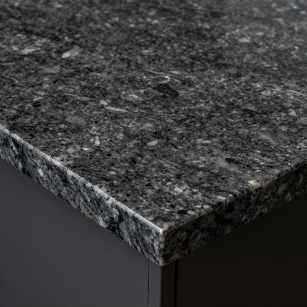 A close-up of a speckled, dark gray granite countertop surface with a smooth, rounded edge resting on a dark cabinet.