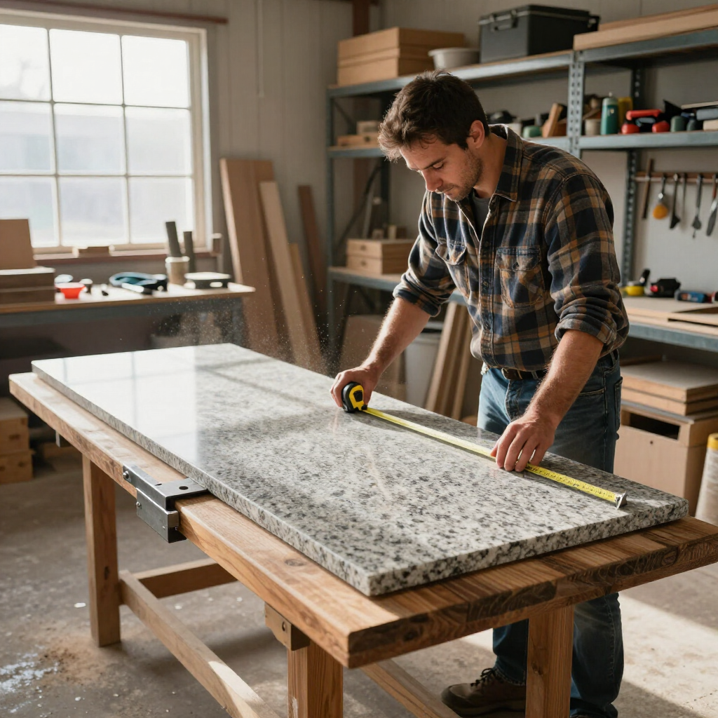 A person in a plaid shirt measures a rectangular stone slab with a tape measure on a wooden workbench in a workshop.