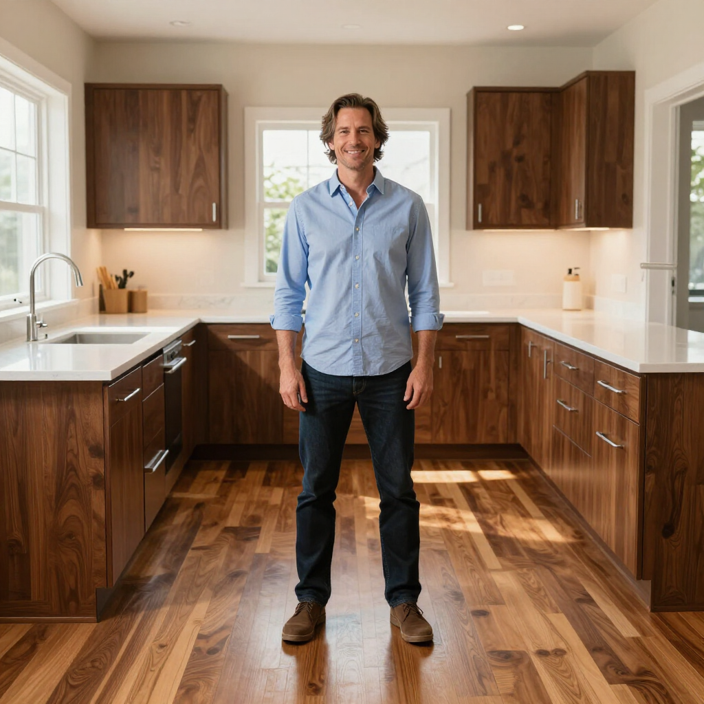 A person stands in a kitchen with walnut cabinets, white countertops, and wood floors.