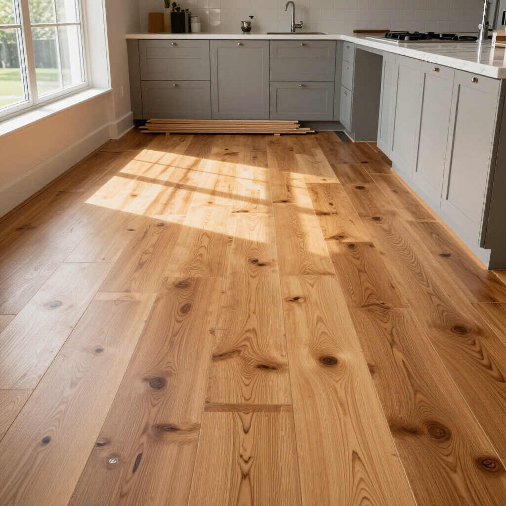 A bright kitchen with light wooden flooring, gray cabinets, and a white countertop bathed in sunlight near a window.