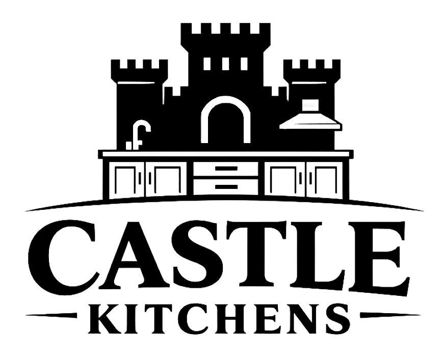 Black and white logo for Castle Kitchens featuring a castle icon combined with kitchen cabinetry and a faucet.