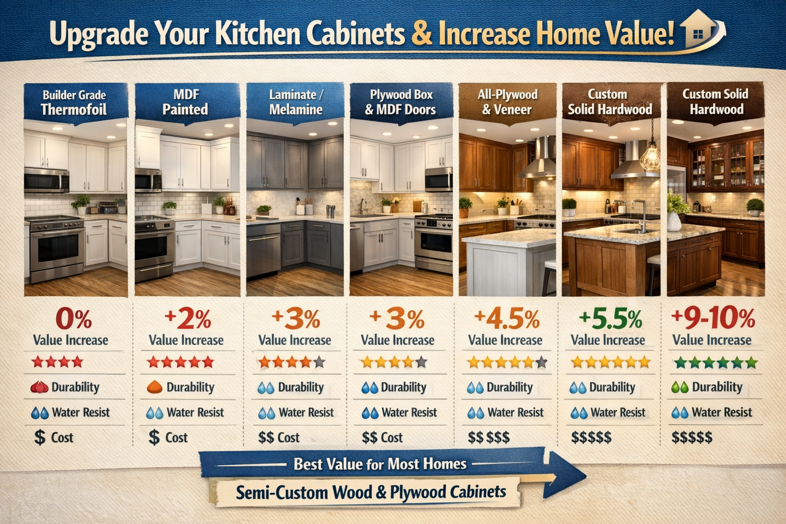 Infographic comparing kitchen cabinet types, their home value increase percentage, durability, and cost.