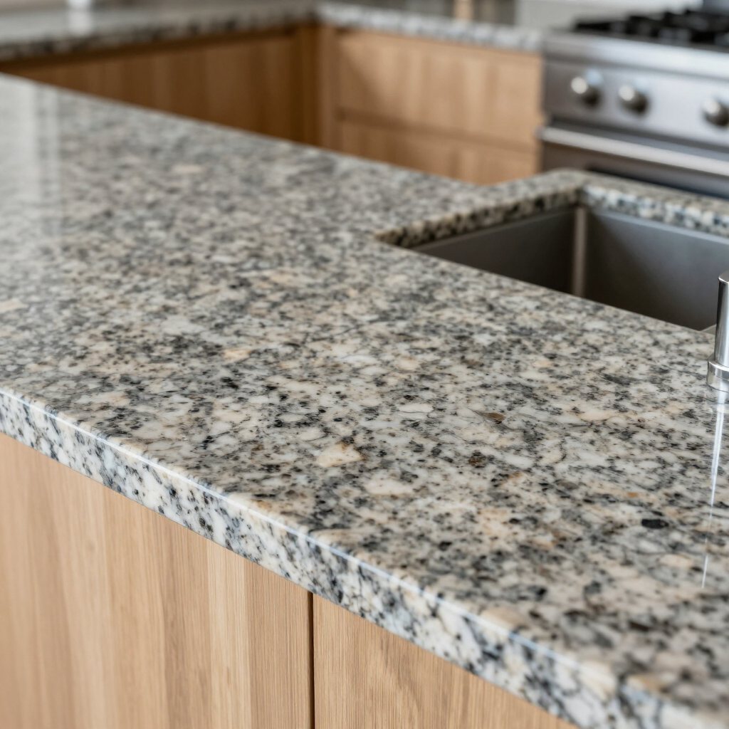 Granite countertop with a speckled gray and white pattern above light wood kitchen cabinets and a stainless steel sink.