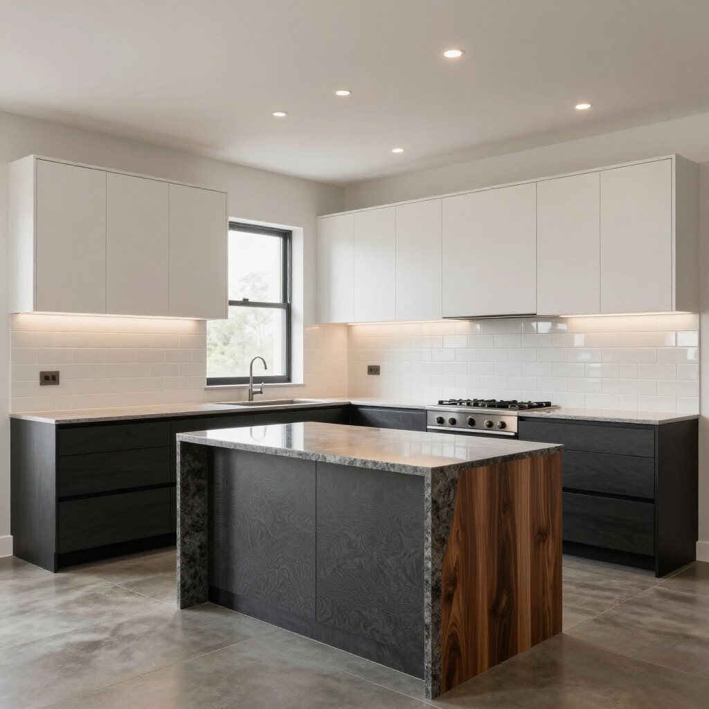 Modern kitchen with white upper cabinets, dark lower cabinets, a kitchen island, and gray concrete flooring.