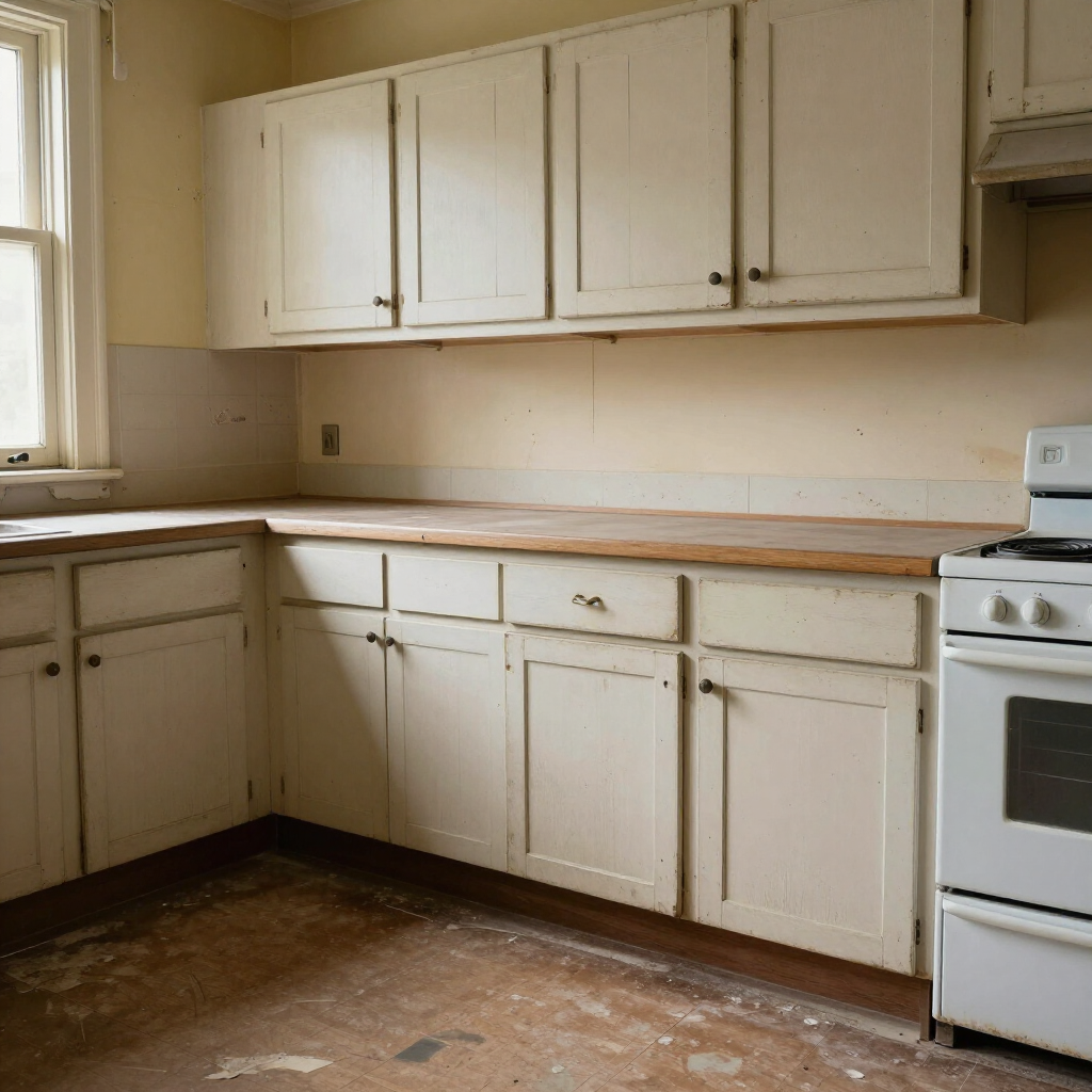 An L-shaped kitchen featuring worn, off-white cabinets, a wood-tone countertop, and a white stove against cream walls.