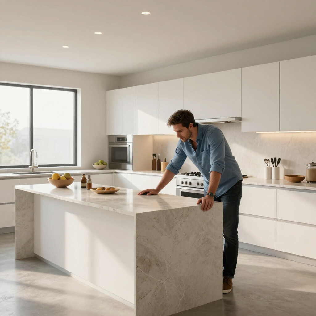 A person leans on a marble kitchen island in a modern, white, minimalist kitchen with a large window and stainless stove.