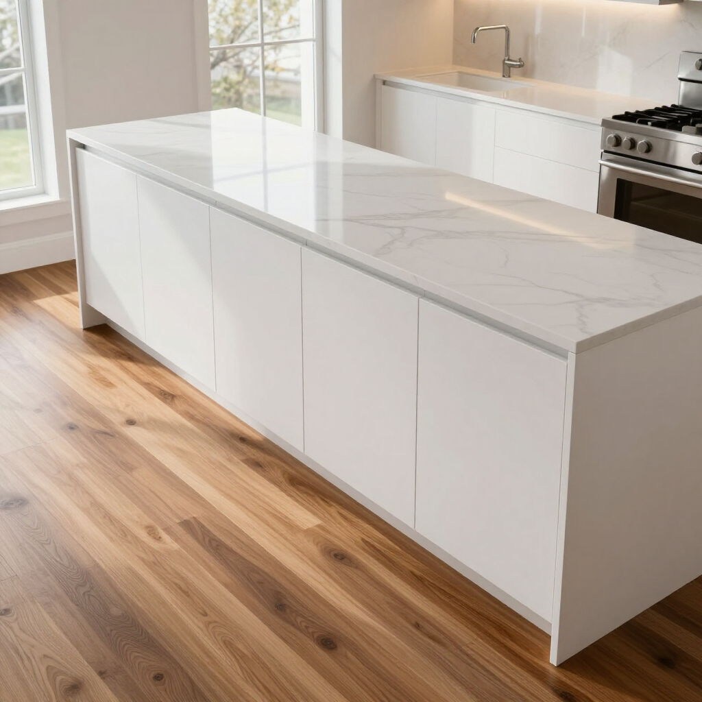 Modern kitchen featuring a white island with a marble countertop, sleek white cabinets, and warm wood flooring.