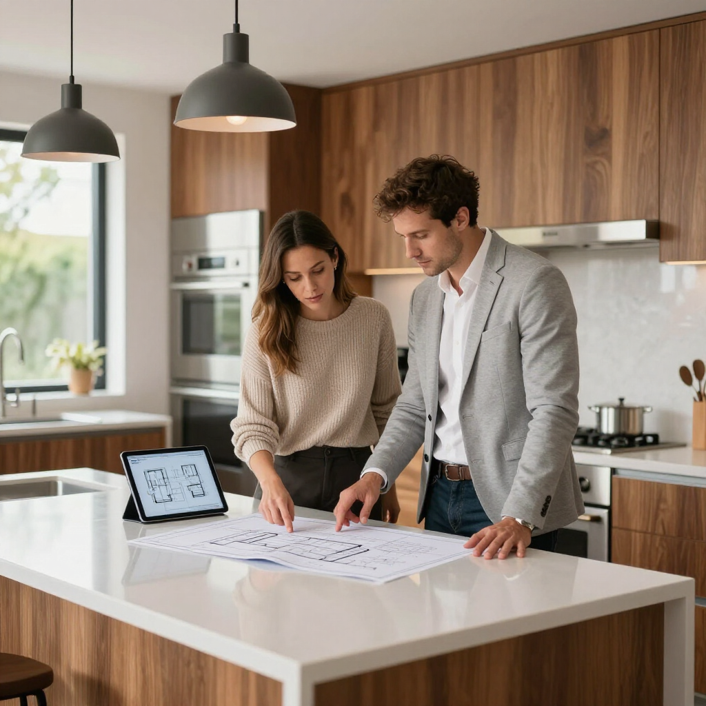Two people look at building blueprints on a white kitchen island, with one pointing at the plans near a tablet.