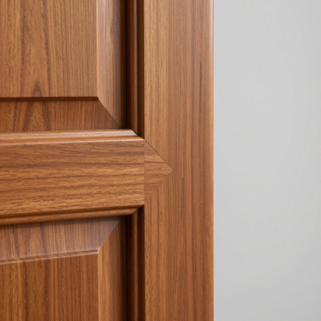 Close-up of a wooden door panel and frame with a clean, mitered joint and visible wood grain texture.