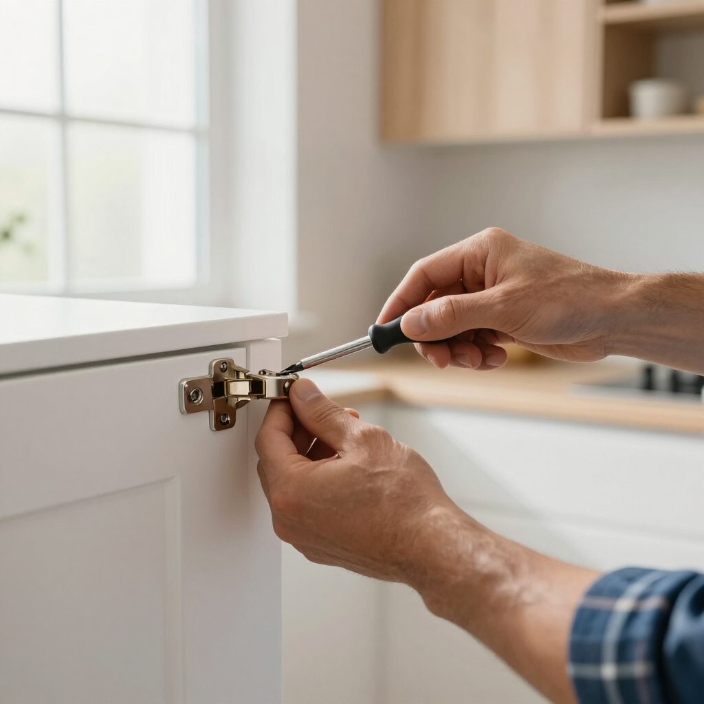 Hands using a screwdriver to adjust a cabinet hinge on a white kitchen door.