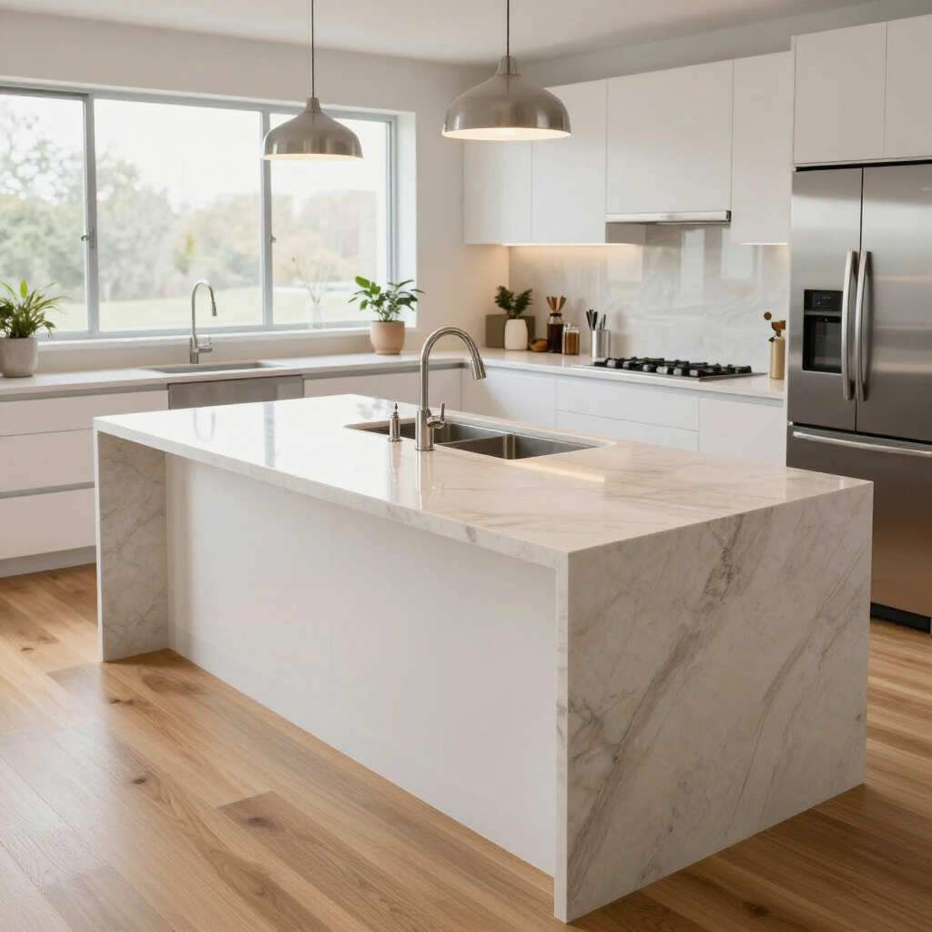 Modern kitchen with a white marble waterfall island, stainless steel appliances, white cabinets, and light wood floors.