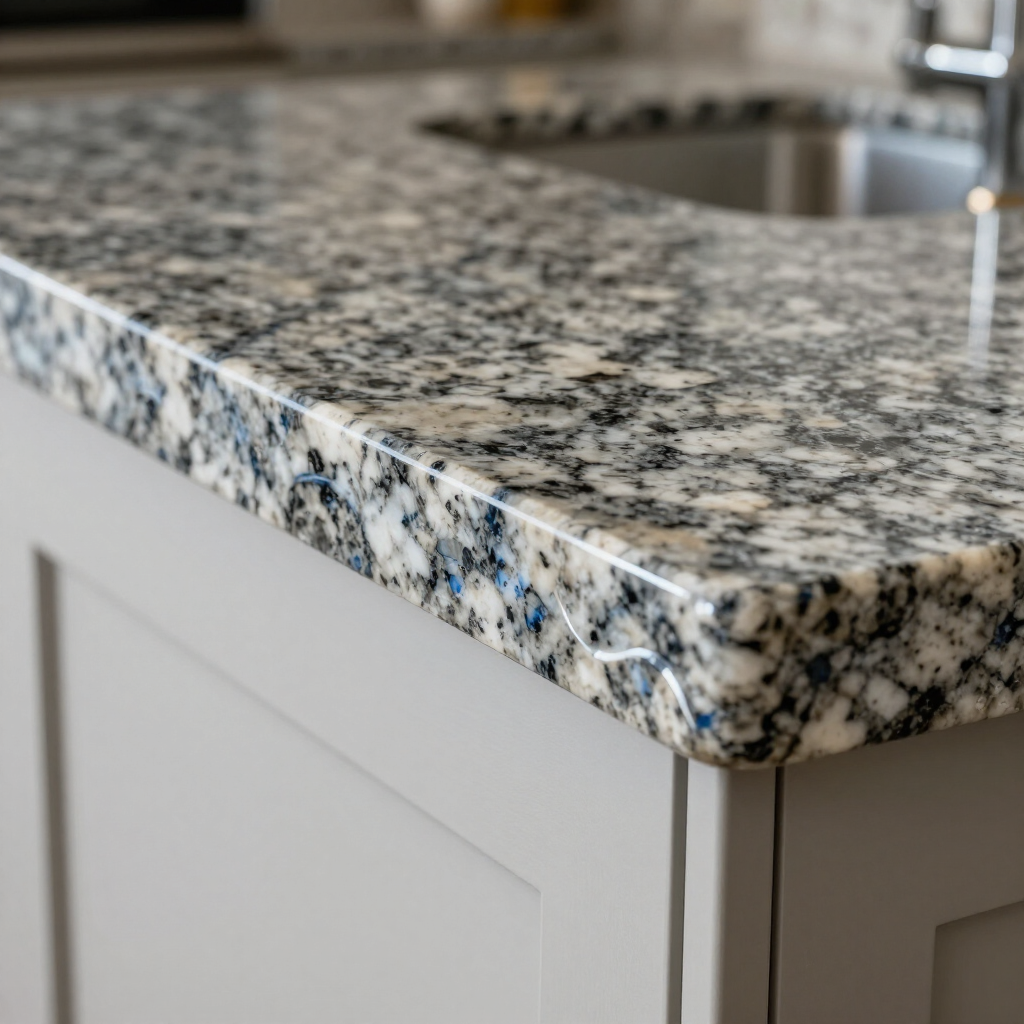 A close-up of a speckled granite countertop with blue and white accents, installed on a light gray cabinet base.