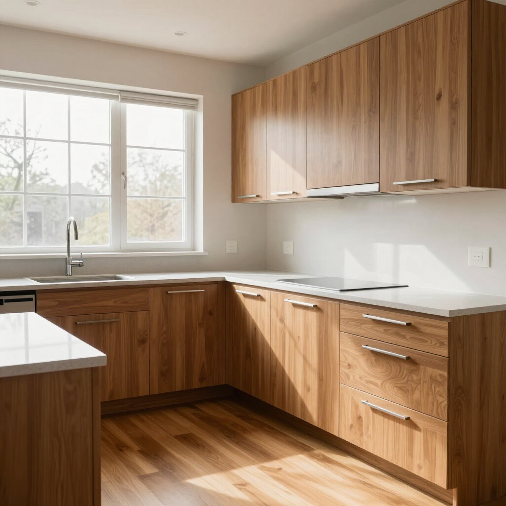 A modern kitchen featuring natural wood cabinets, white countertops, light wood floors, and a window above the sink.