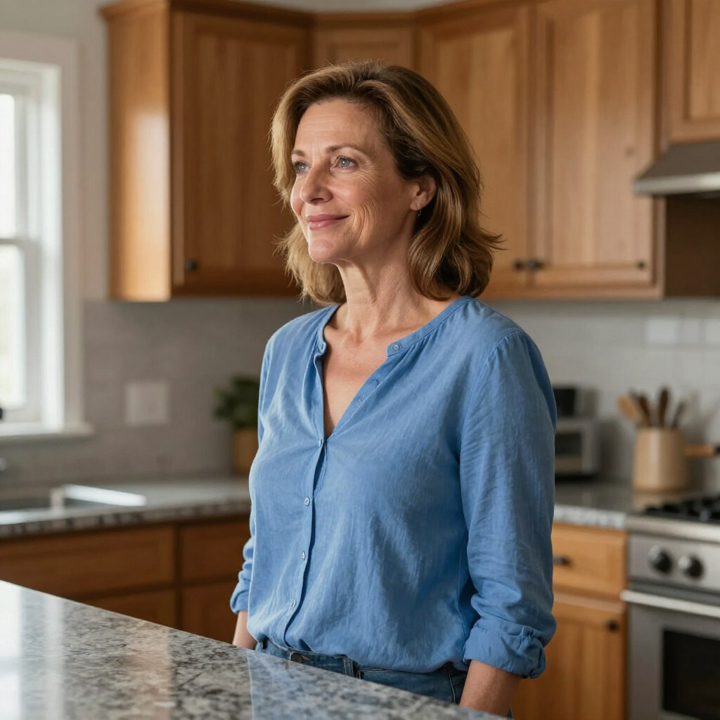 A smiling person wearing a blue button-down shirt stands in a bright, modern kitchen with wooden cabinets.