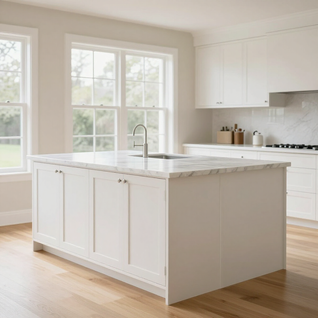 A bright, modern kitchen featuring white cabinets, a marble-topped island with a sink, and light hardwood flooring.