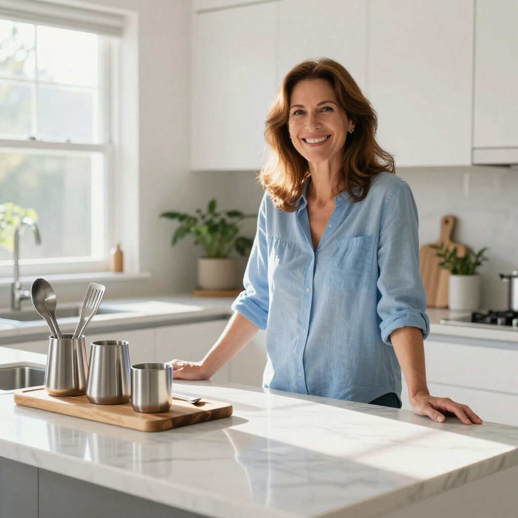 A person stands smiling in a bright, modern kitchen with a light blue shirt, leaning on a marble island with metal cups.