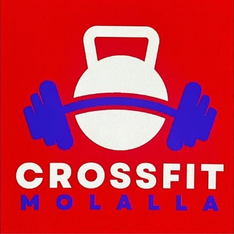 Logo for CrossFit Molalla: white kettlebell and blue barbell on red background, white text.