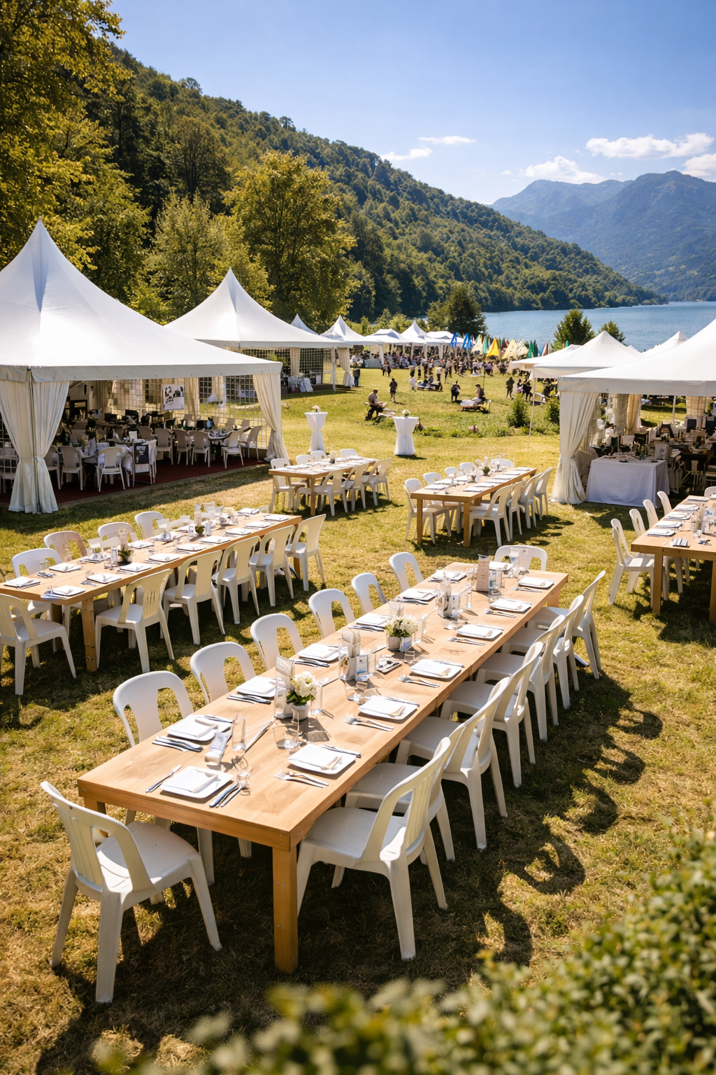 Banquet en plein air au bord du lac, sous des tentes blanches, avec de longues tables et vue sur les montagnes.