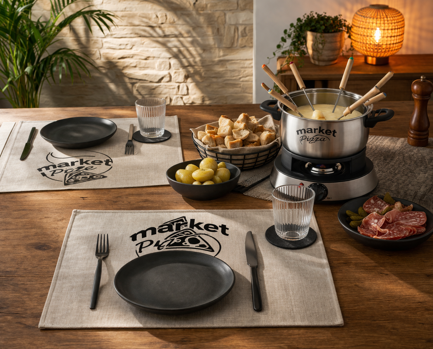Table rustique avec caquelon à fondue, assiettes, pain, pommes de terre, viande et une douce lumière de bougies