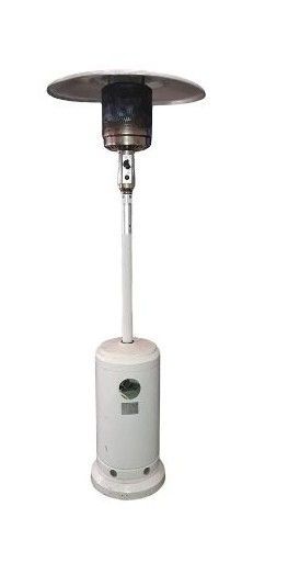 Chauffage de terrasse extérieur avec dessus rond et base blanche sur pied