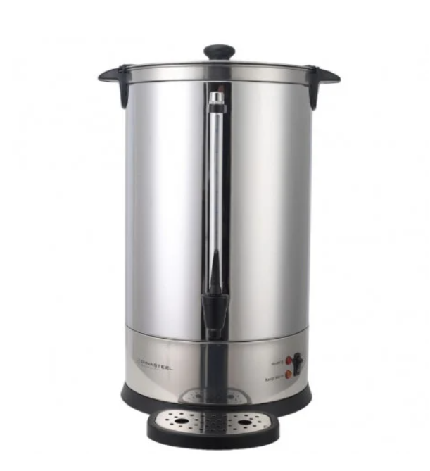 Bouilloire électrique en acier inoxydable avec couvercle et bac d'égouttement sur fond blanc