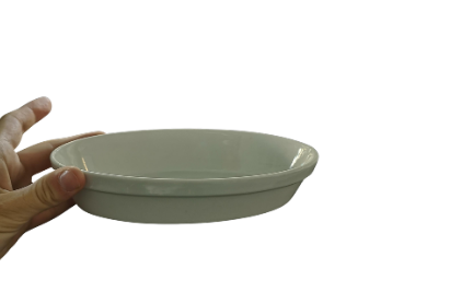 Main tenant un bol peu profond en céramique blanche sur fond uni