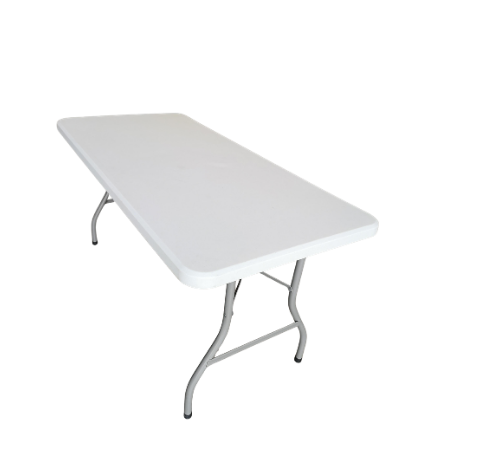 Table pliante blanche à pieds métalliques sur fond uni