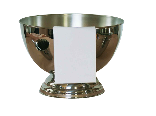 Trophée en forme de bol en argent avec une plaque blanche vierge sur le devant