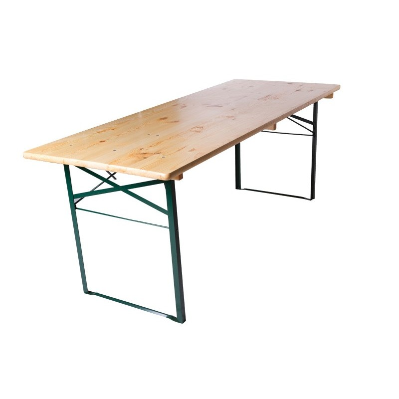 Table de banquet pliante en bois avec pieds en métal vert sur fond blanc