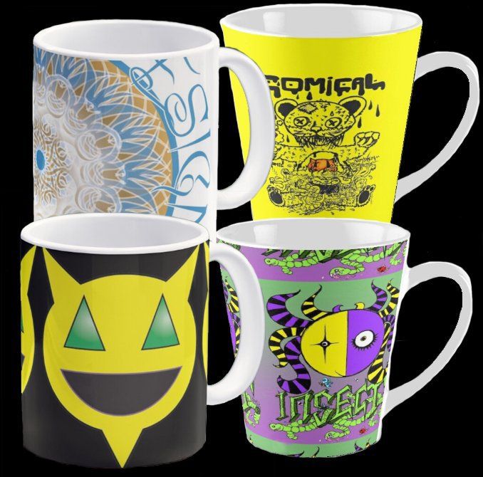 Coffee cups of assorted shapes and styles featuring Percentum Designs artwork.