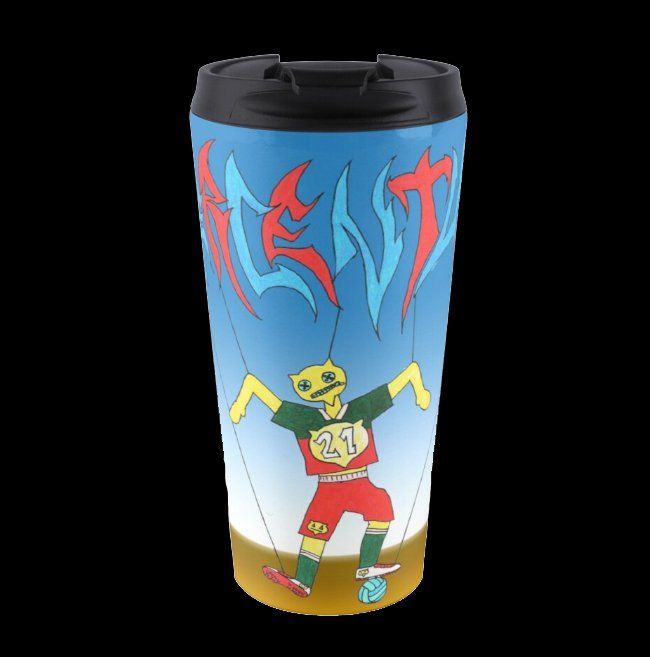 Quality travel coffee cups featuring Percentum Designs company art. Cafe tea chai shop latte cappuccino.