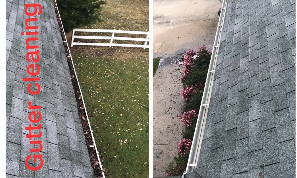 A before and after picture of gutter cleaning on a roof