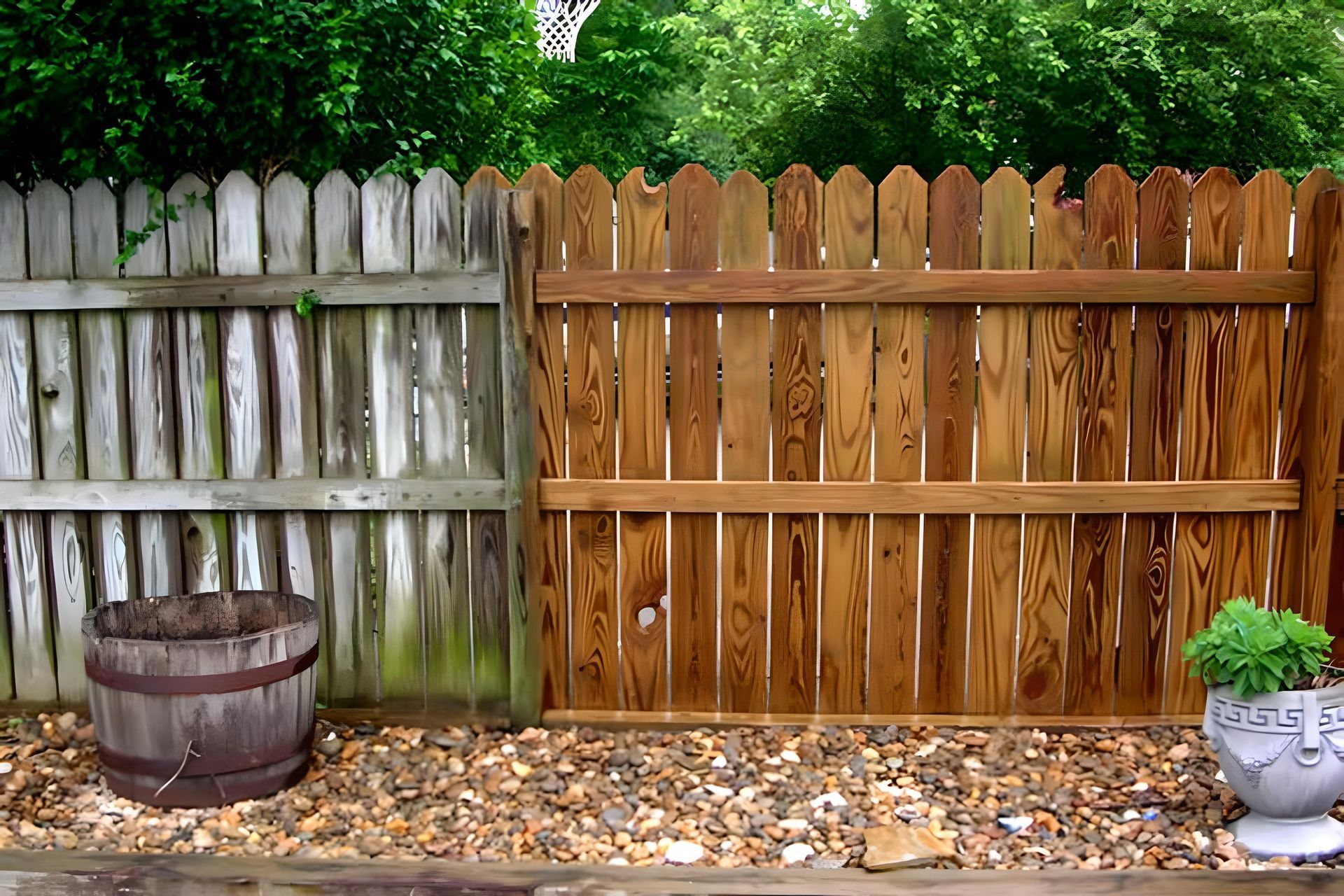 A before and after picture of a wooden fence