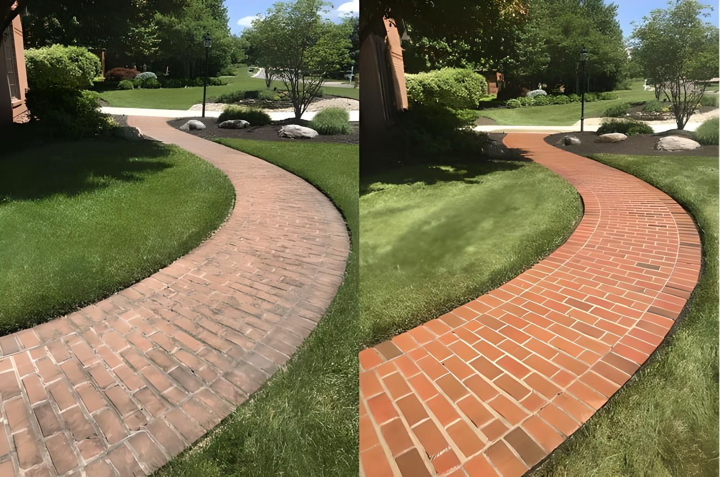 A before and after photo of a brick walkway in northfield, nj that has been power washed by Melo Powerwashing & Painting