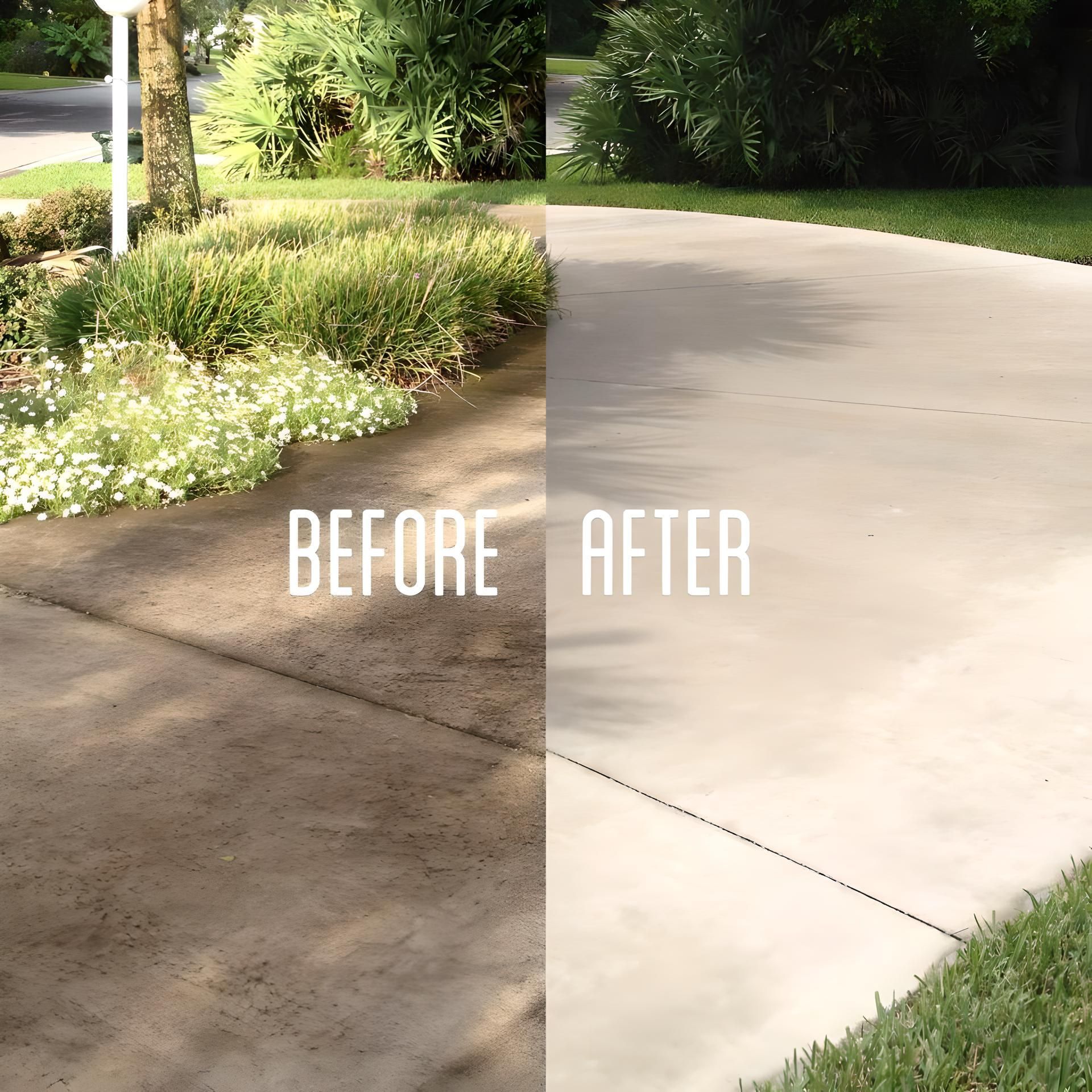 Concrete driveway before-and-after, showing a darker stained section beside a cleaner light gray surface