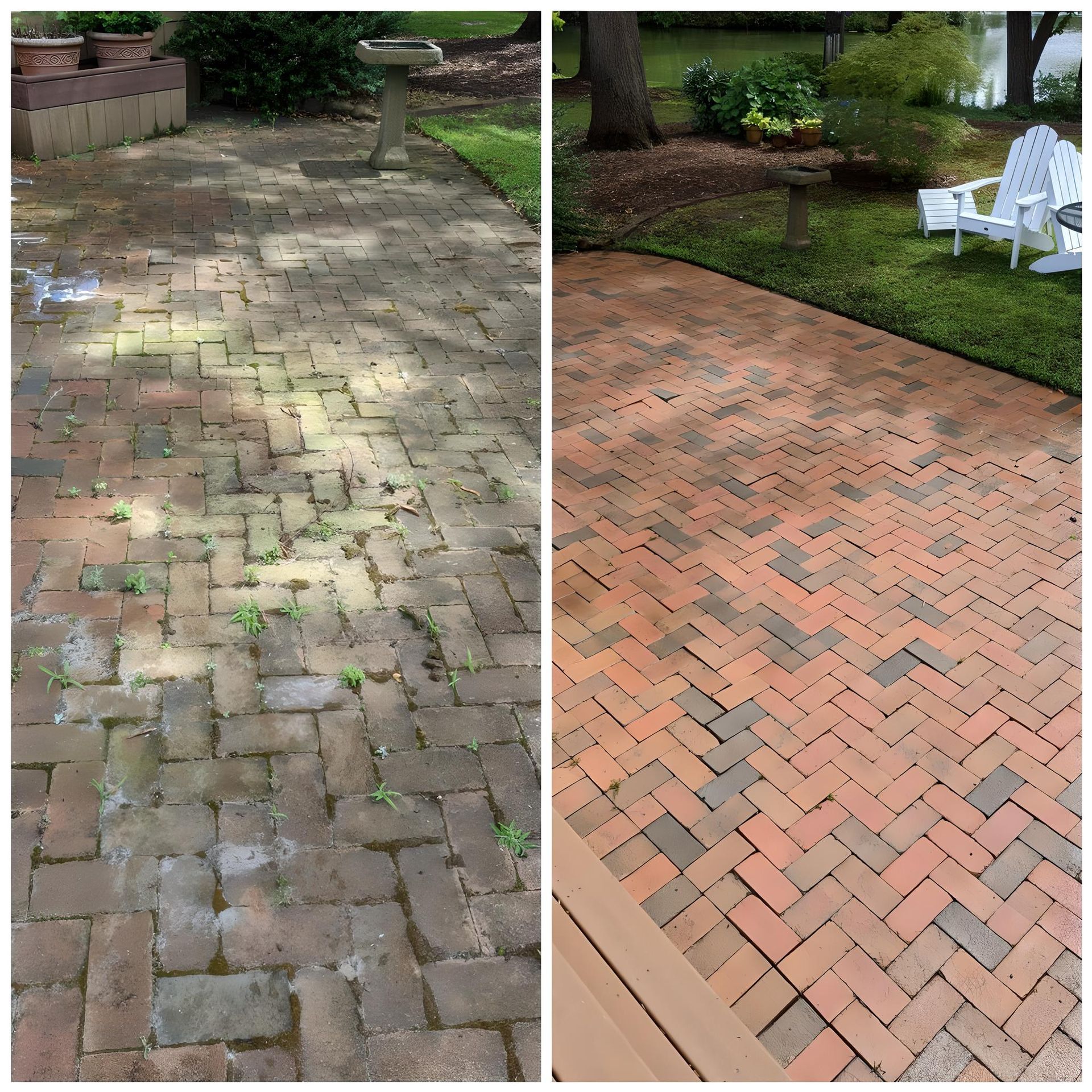 A before and after photo of a brick patio in linwood, nj that has been pressure washed by Melo Powerwashing & Painting