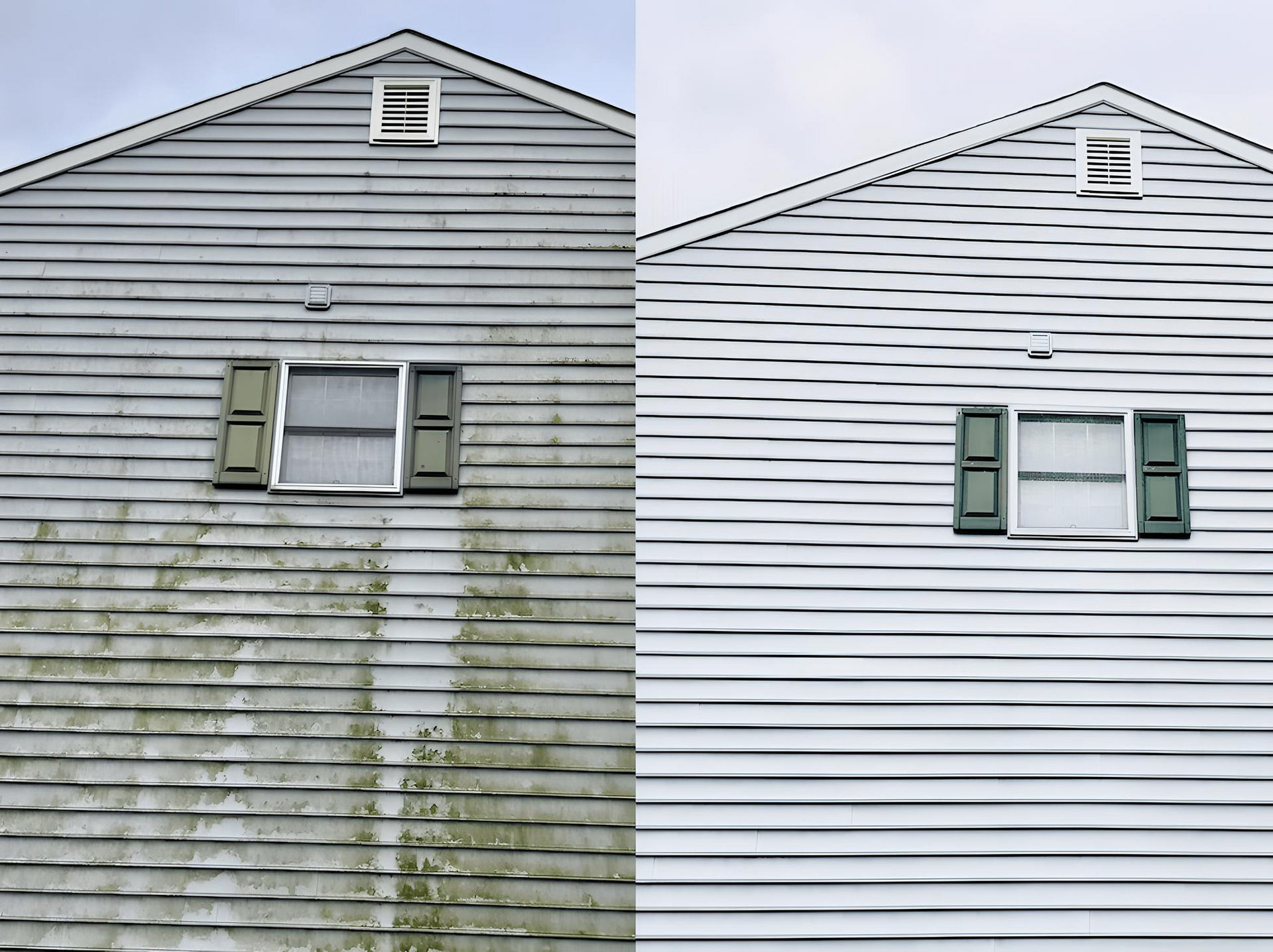 A before and after picture of a house that has been pressure washed by Melo Powerwashing & Painting in somers point, nj