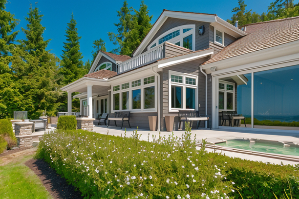 Modern house with a white porch, large windows, and a pool beside a green lawn under clear blue sky