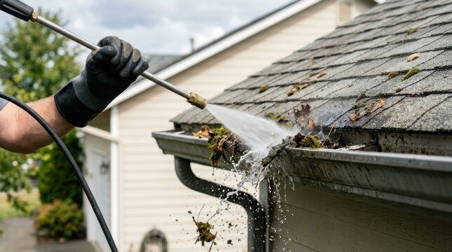melo power washing employee standing on a ladder with pressure washer cleaning out debris from house gutter