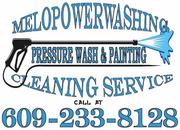Logo for Melo Powerwashing & Painting. Features a pressure washer and phone number: 609-233-8128