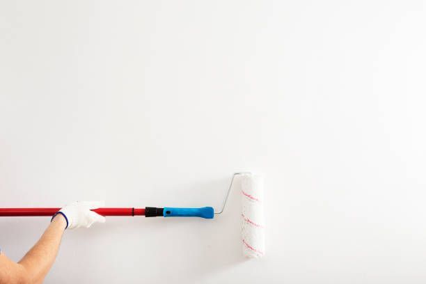 A person is painting a white wall with a paint roller