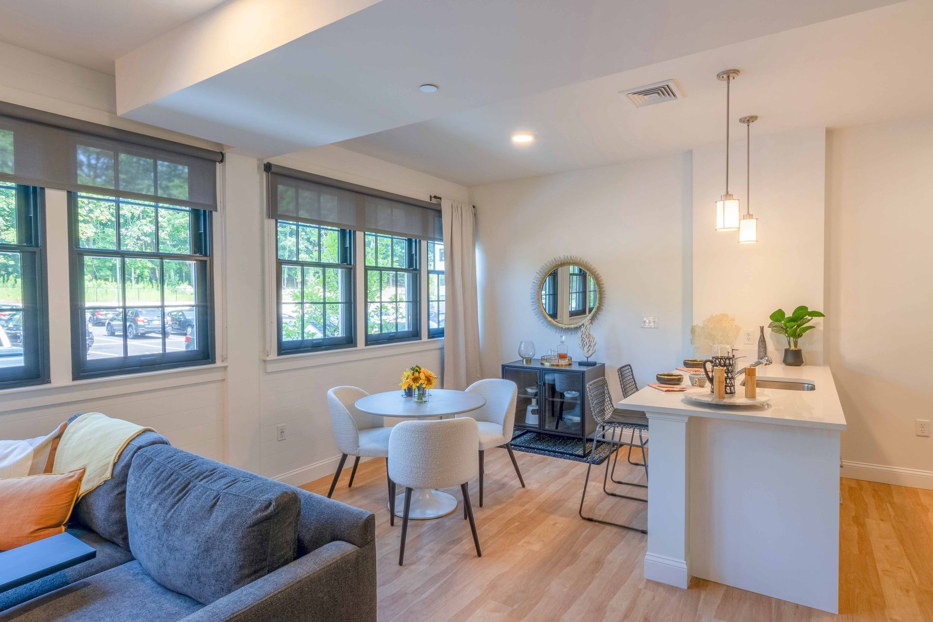 The overlook - open kitchen with living room and large windows