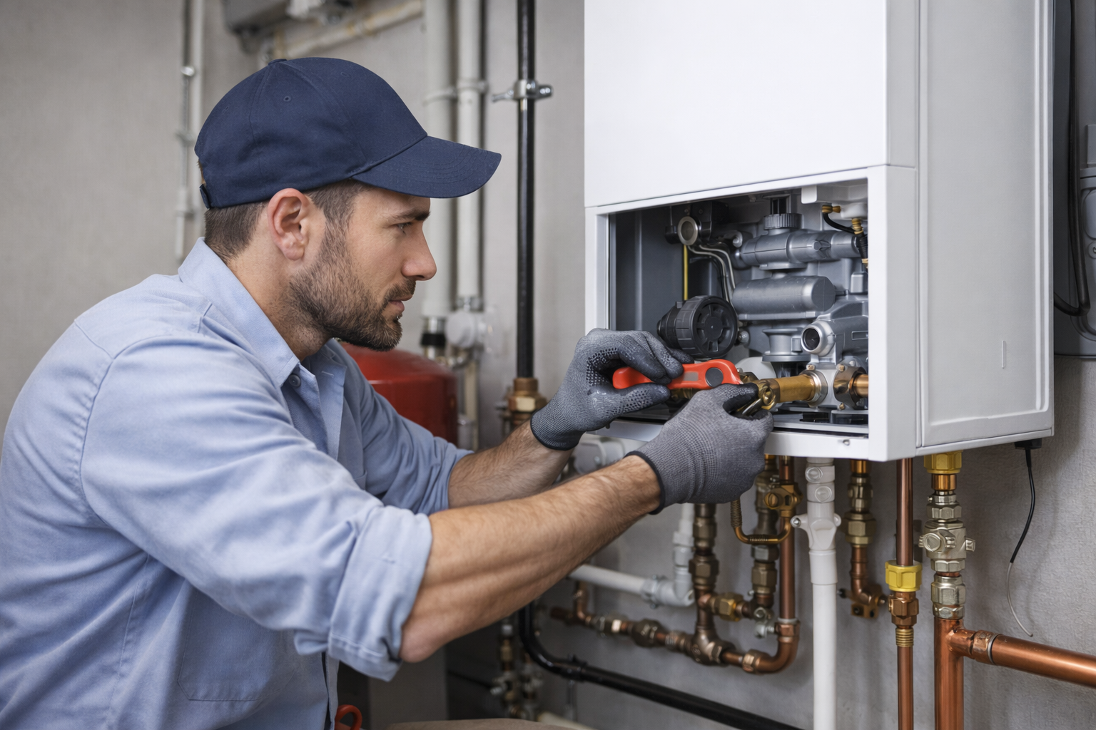 A professional wearing a blue cap and work gloves repairing a wall-mounted gas boiler with a wrench.