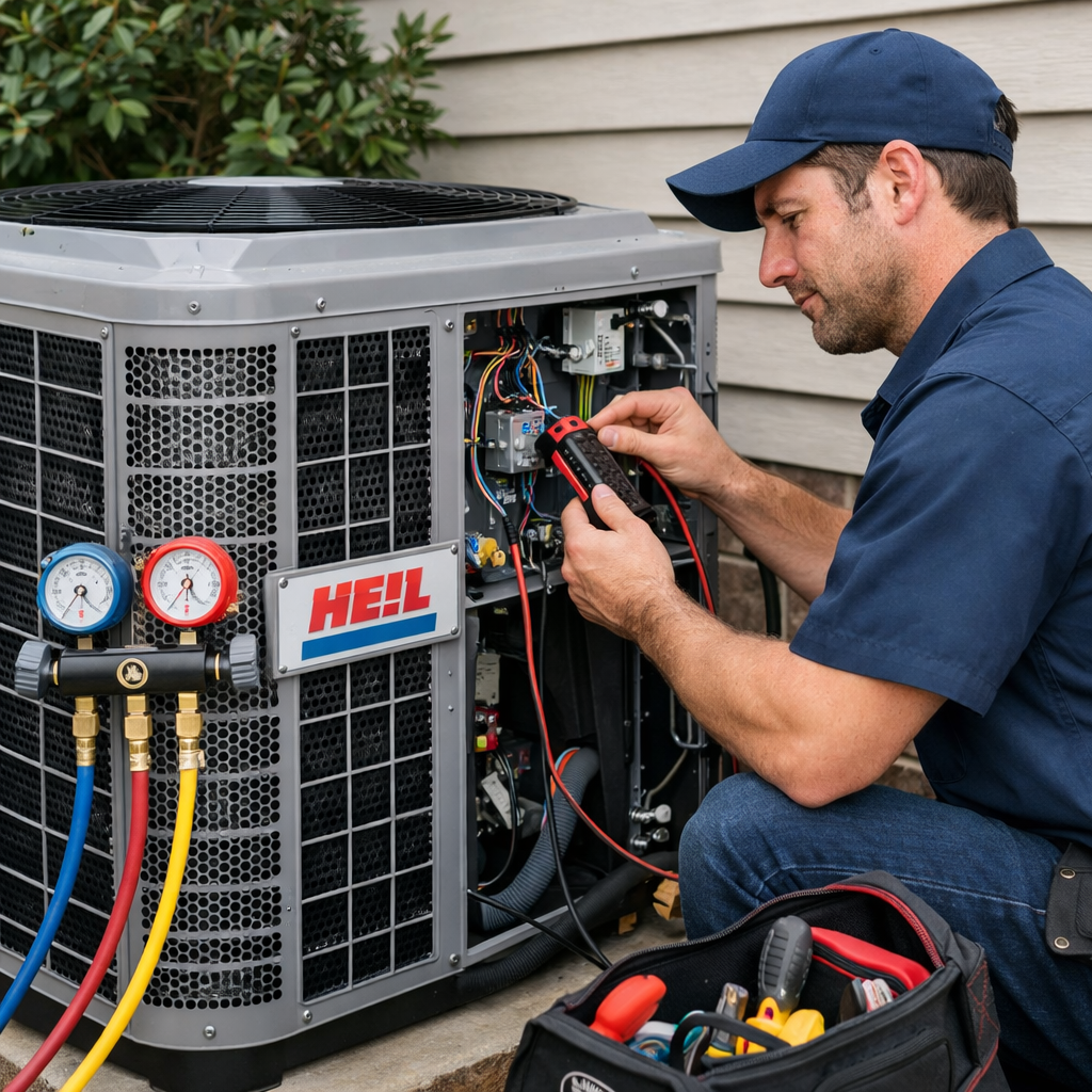 A technician in uniform uses a multimeter to test an outdoor Heil air conditioning unit with gauges attached.